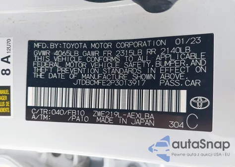 2023 Toyota Corolla Hybrid Le z USA, uszkodzony, nr VIN JTDBCMFE2P3013917